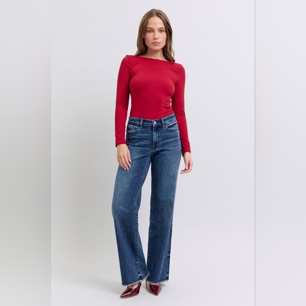 Judy Blue Mid Rise Dark Wash Classic Wide Leg Jeans Retro Frayed Hem 3/26 NEW